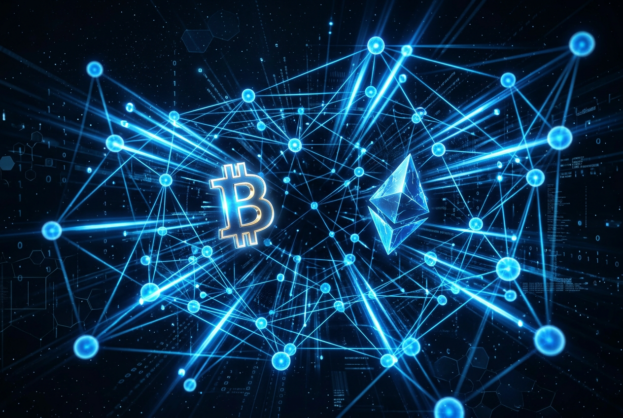 Abstrakcyjna wizualizacja sieci blockchain z symbolami Bitcoina i Ethereum