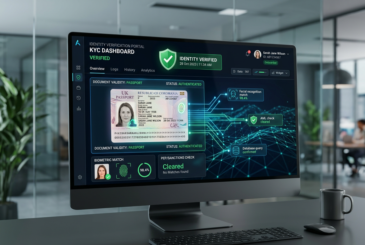 Pracownik kasyna online weryfikujący dokumenty tożsamości gracza w nowoczesnym biurze
